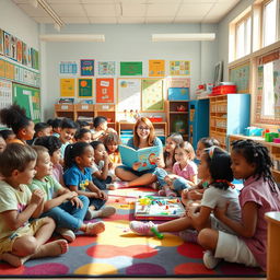 A lively scene of students inside an entire elementary school classroom with students of diverse backgrounds engaging joyfully