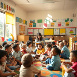 A lively scene of students inside an entire elementary school classroom with students of diverse backgrounds engaging joyfully