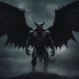 A menacing yet majestic demon with four large, ominous wings expanding from its back, against a dark, eerie backdrop.