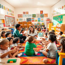 A lively scene of students inside an entire elementary school classroom with students of diverse backgrounds engaging joyfully