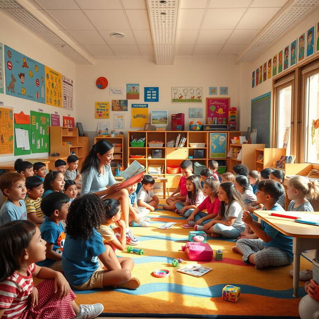 A lively scene of students inside an entire elementary school classroom with students of diverse backgrounds engaging joyfully