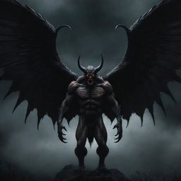 A menacing yet majestic demon with four large, ominous wings expanding from its back, against a dark, eerie backdrop.