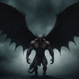 A menacing yet majestic demon with four large, ominous wings expanding from its back, against a dark, eerie backdrop.