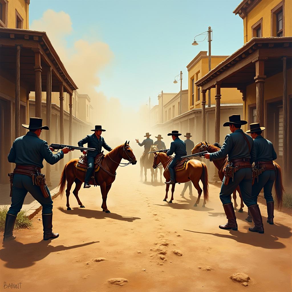 A vivid painting depicting the iconic Gunfight at the O