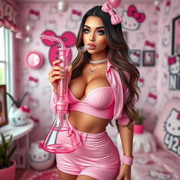 A stunning IMVU model imagined as a human, depicted as a grown sexy woman with a strikingly beautiful face, enhanced voluminous lips from lip injections, and piercing sensual eyes