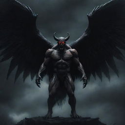 A menacing yet majestic demon with four large, ominous wings expanding from its back, against a dark, eerie backdrop.