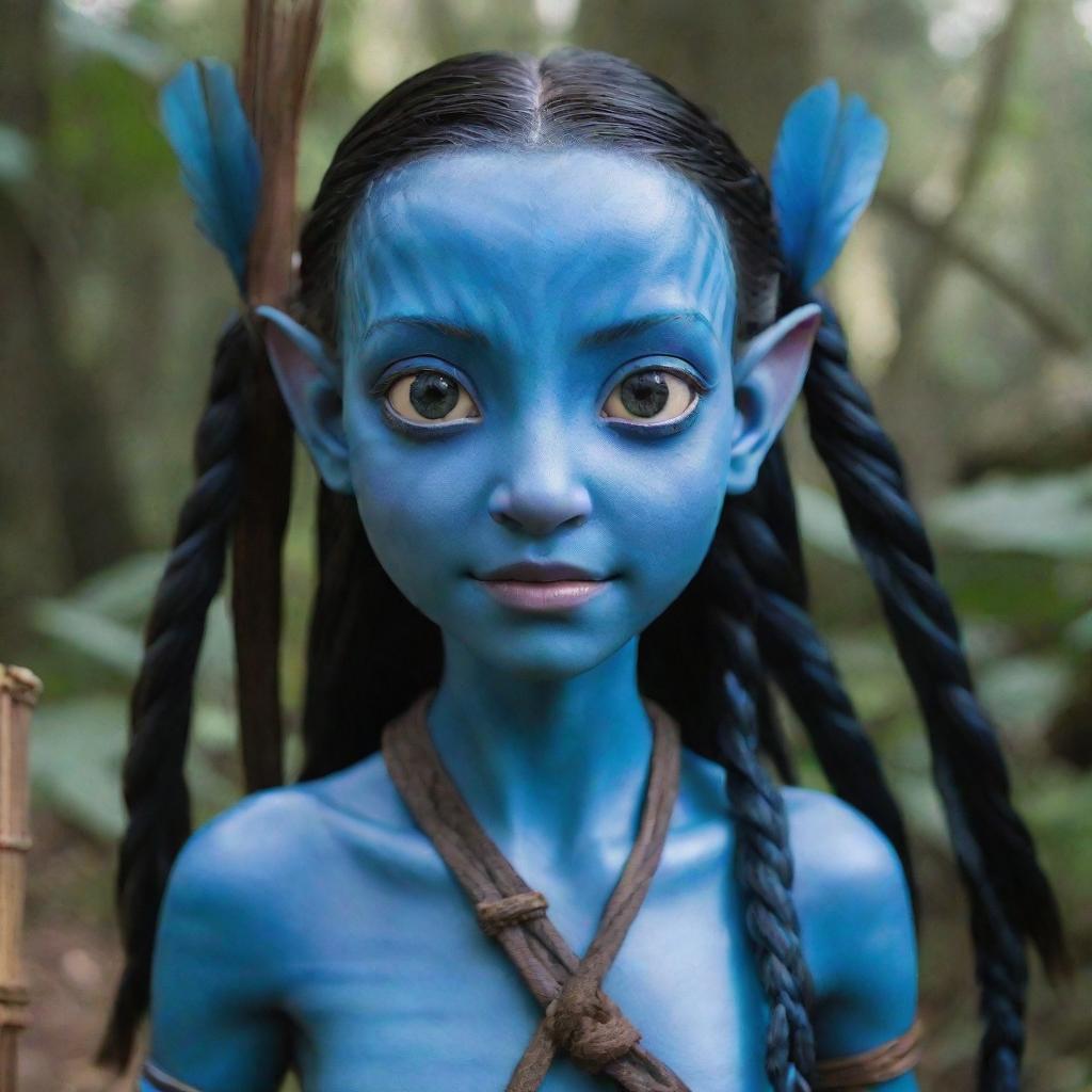 A young, female Navi from the Avatar movie with her bright blue skin and large, expressive eyes. She has a strong, agile body, long braided hair adorned with feathers, and she's carrying an intricately crafted bow and arrows.