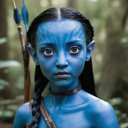 A young, female Navi from the Avatar movie with her bright blue skin and large, expressive eyes. She has a strong, agile body, long braided hair adorned with feathers, and she's carrying an intricately crafted bow and arrows.