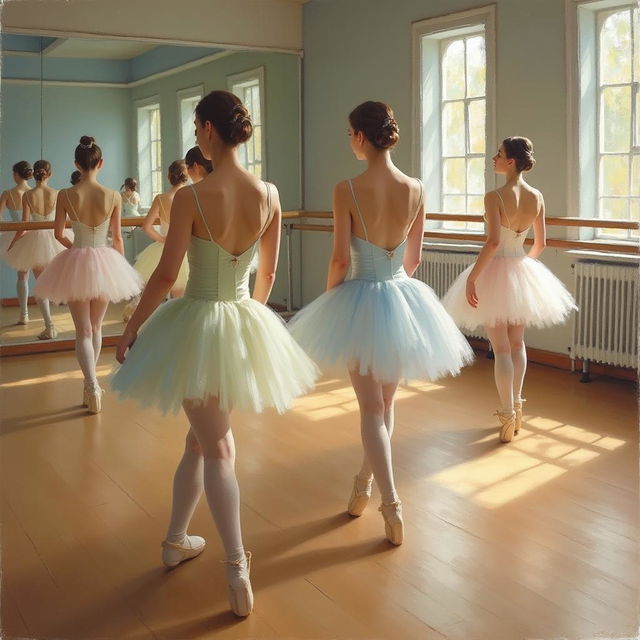 An impressionist painting of ballet dancers practicing in a dance studio, styled after the iconic works of Edgar Degas