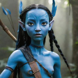 A young, female Navi from the Avatar movie with her bright blue skin and large, expressive eyes. She has a strong, agile body, long braided hair adorned with feathers, and she's carrying an intricately crafted bow and arrows.