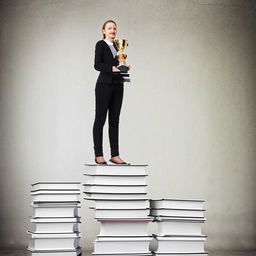 A diligent student standing atop a large stack of books, holding a gleaming trophy signifying academic excellence.