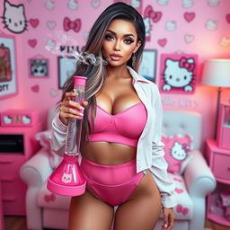 A striking IMVU model envisioned as a human, portrayed as a grown sexy woman with an extraordinarily beautiful face