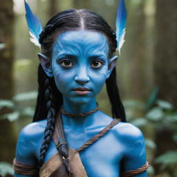 A young, female Navi from the Avatar movie with her bright blue skin and large, expressive eyes. She has a strong, agile body, long braided hair adorned with feathers, and she's carrying an intricately crafted bow and arrows.