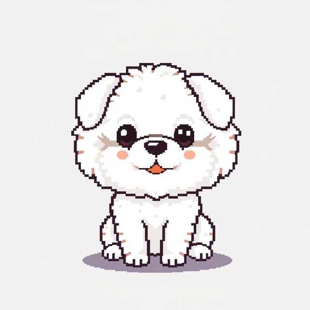 A cute and friendly white dog depicted in pixel art style, focused within a compact 16x16 grid