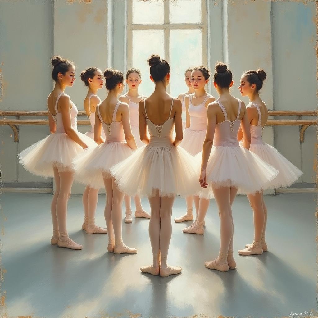 An impressionist painting capturing a front view of ballet dancers in a dance studio, portrayed in the style of Edgar Degas