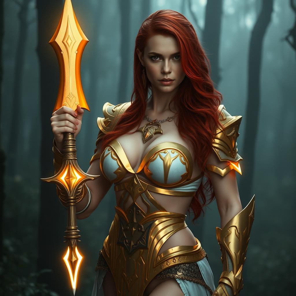 Buxom redhaired warrior priestess in gold and white bikini armor at battle, standing confidently in a dark misty forest setting