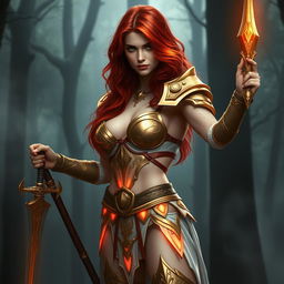 Buxom redhaired warrior priestess in gold and white bikini armor at battle, standing confidently in a dark misty forest setting