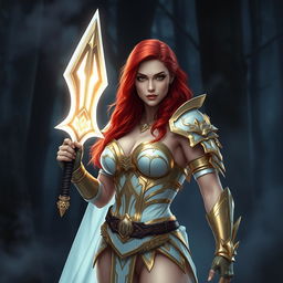 Buxom redhaired warrior priestess in gold and white bikini armor at battle, standing confidently in a dark misty forest setting