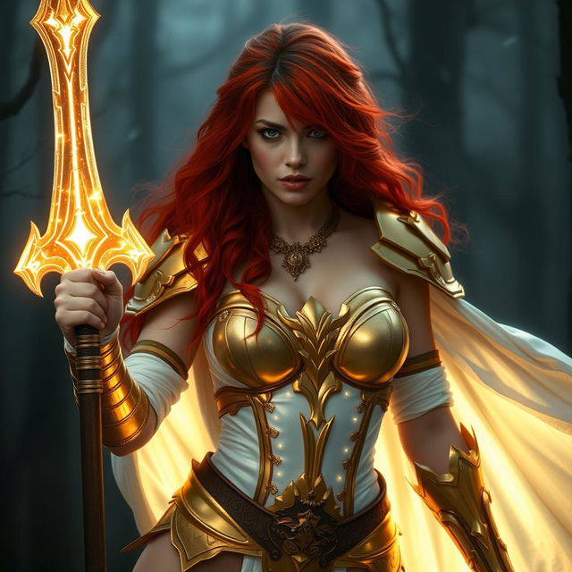 Buxom redhaired warrior priestess in gold and white bikini armor at battle, standing confidently in a dark misty forest setting