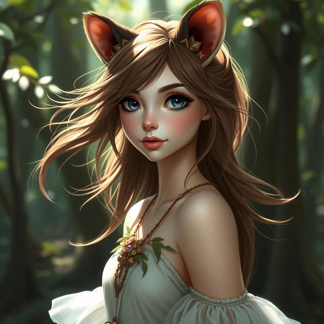 A female bandicoot shifter with alluring black eyes, flowing brown hair, and pale skin