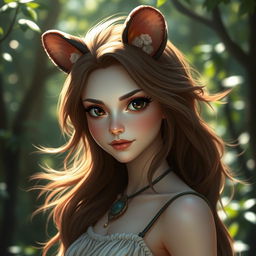 A female bandicoot shifter with alluring black eyes, flowing brown hair, and pale skin