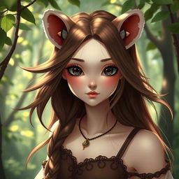 A female bandicoot shifter with alluring black eyes, flowing brown hair, and pale skin