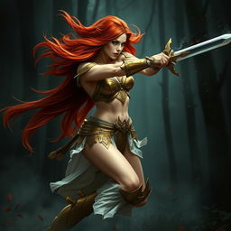 Full body buxom redhaired warrior priestess in gold and white bikini armor, dynamically engaged in battle within a dark misty forest setting