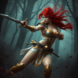 Full body buxom redhaired warrior priestess in gold and white bikini armor, dynamically engaged in battle within a dark misty forest setting