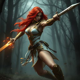 Full body buxom redhaired warrior priestess in gold and white bikini armor, dynamically engaged in battle within a dark misty forest setting