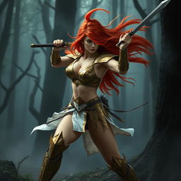 Full body buxom redhaired warrior priestess in gold and white bikini armor, dynamically engaged in battle within a dark misty forest setting