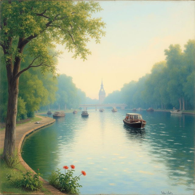 A 19th-century Impressionist painting depicting the tranquil river Seine near Paris, France, with boats gracefully sailing on its serene waters