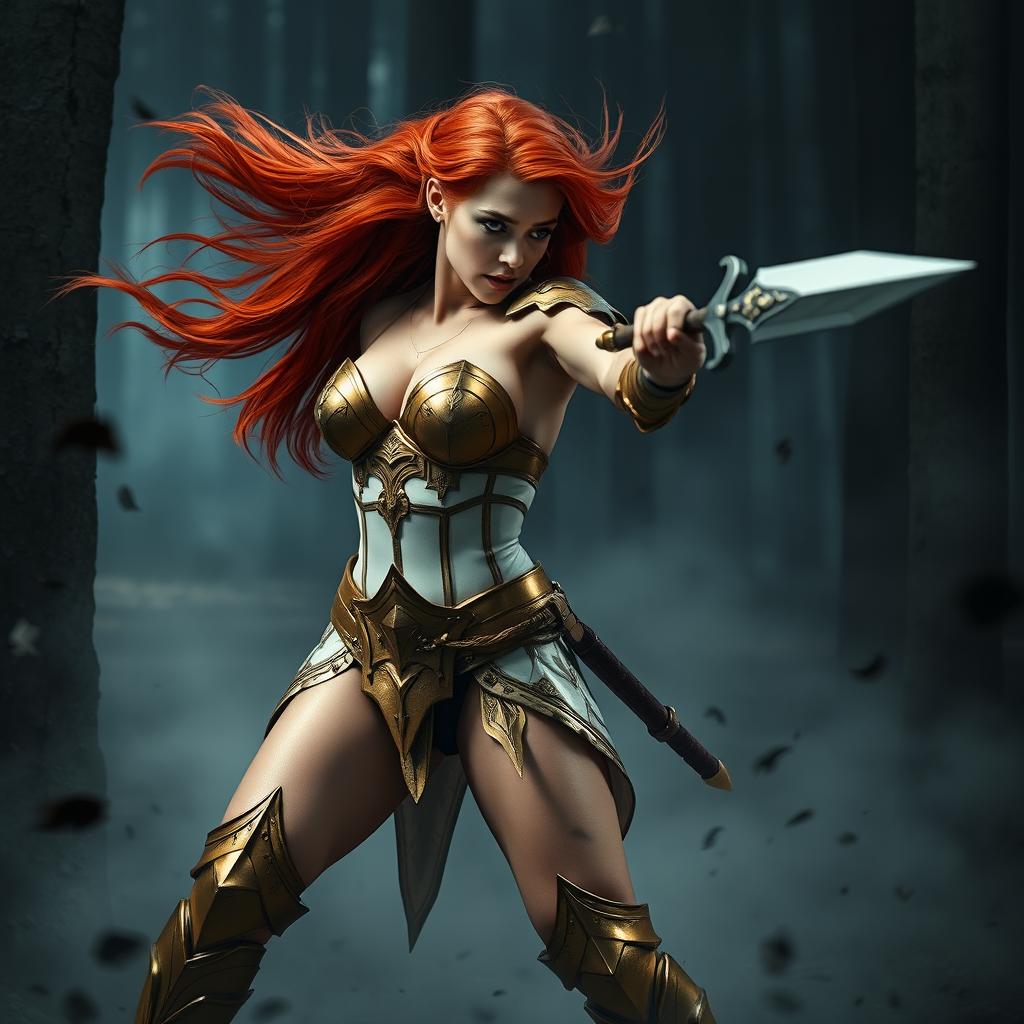 Full body buxom redhaired warrior priestess in gold and white bikini armor, engaged in an intense battle within a dark misty forest setting, captured in a widescreen format for dramatic effect