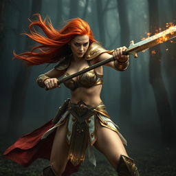 Full body buxom redhaired warrior priestess in gold and white bikini armor, engaged in an intense battle within a dark misty forest setting, captured in a widescreen format for dramatic effect