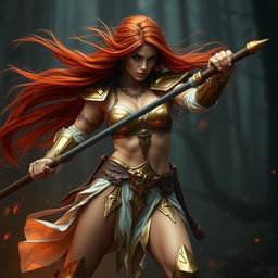 Full body buxom redhaired warrior priestess in gold and white bikini armor, engaged in an intense battle within a dark misty forest setting, captured in a widescreen format for dramatic effect