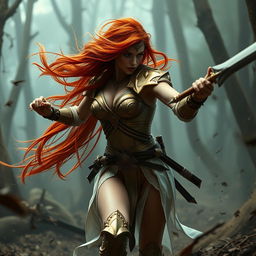 Full body buxom redhaired warrior priestess in gold and white bikini armor, engaged in an intense battle within a dark misty forest setting, captured in a widescreen format for dramatic effect