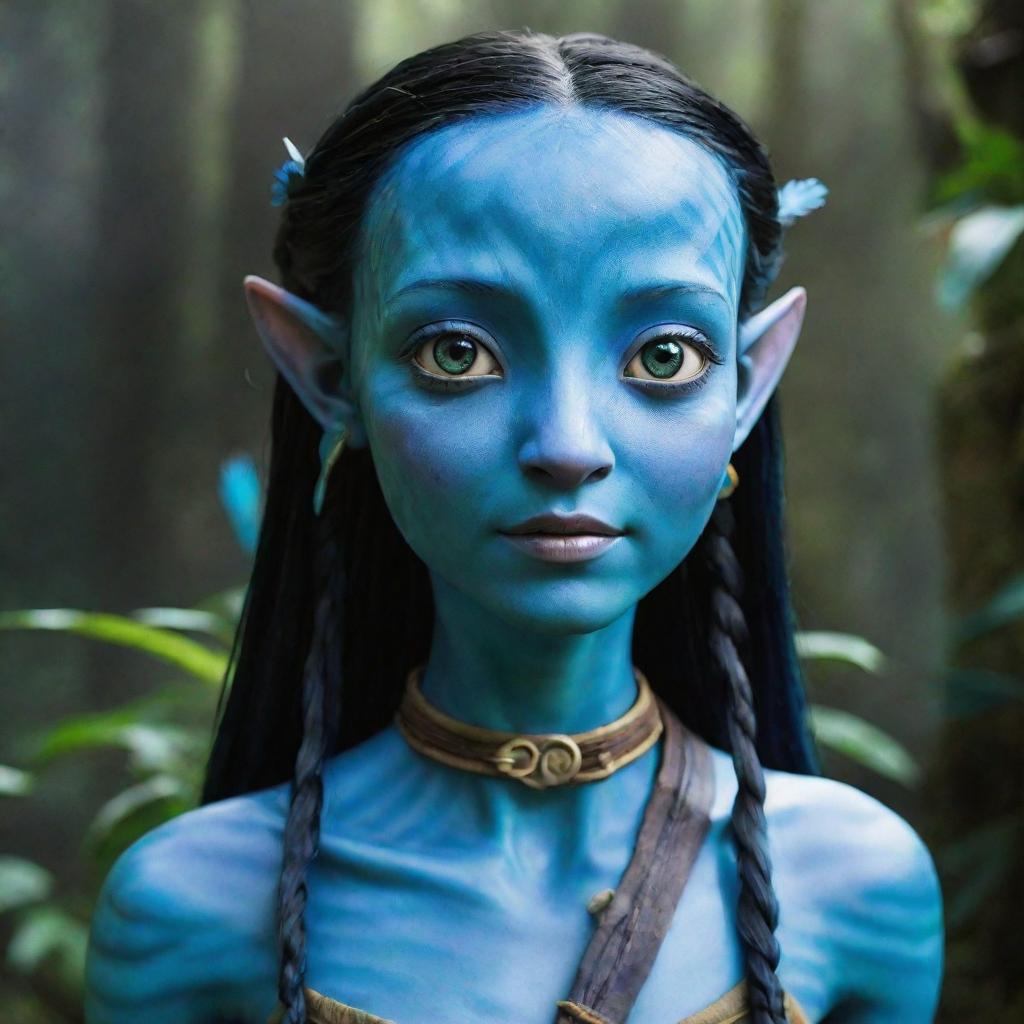 A 15-year-old female Navi from the Avatar movie. Despite her young age, her bright blue skin, large, expressive eyes, and long braided hair adorned with feathers denote her strength and wisdom. She carries a small, crafty bow.