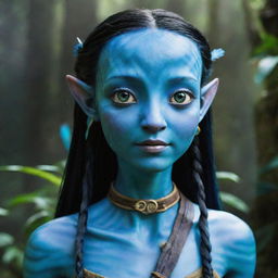 A 15-year-old female Navi from the Avatar movie. Despite her young age, her bright blue skin, large, expressive eyes, and long braided hair adorned with feathers denote her strength and wisdom. She carries a small, crafty bow.