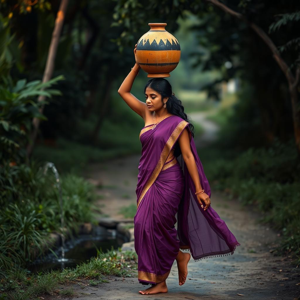 A captivating and sensual Indian woman walking to a water source, balancing an amphora on her head