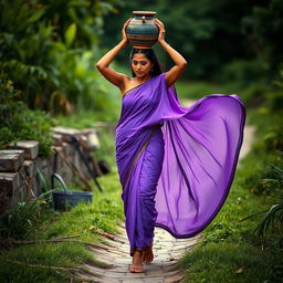 A captivating and sensual Indian woman walking to a water source, balancing an amphora on her head