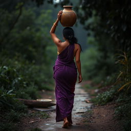 A captivating and sensual Indian woman walking to a water source, balancing an amphora on her head