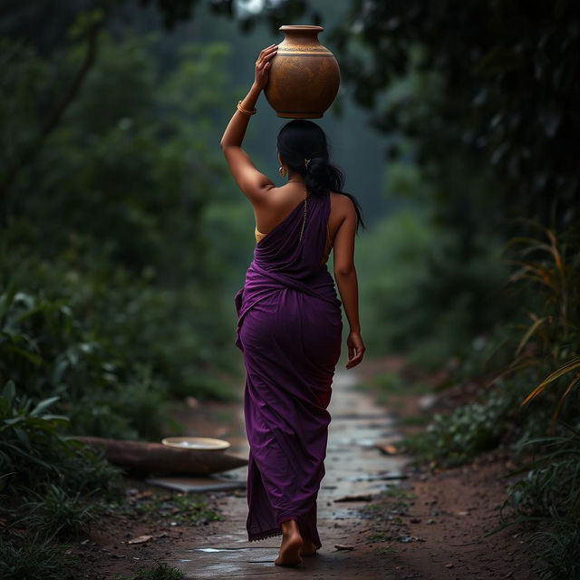 A captivating and sensual Indian woman walking to a water source, balancing an amphora on her head