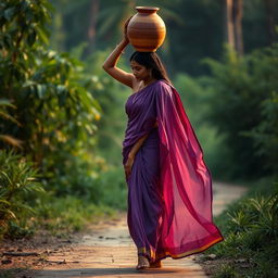 A captivating and sensual Indian woman walking to a water source, balancing an amphora on her head