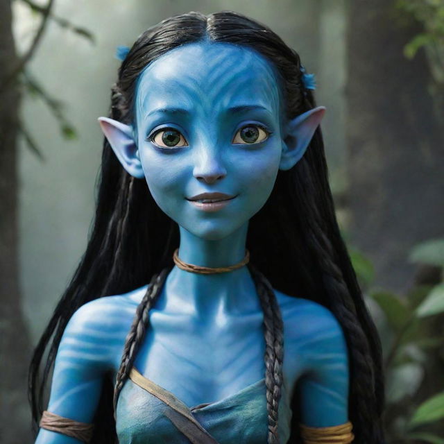 A 15-year-old female Navi from the Avatar movie. Despite her young age, her bright blue skin, large, expressive eyes, and long braided hair adorned with feathers denote her strength and wisdom. She carries a small, crafty bow.