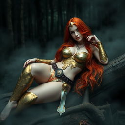 Full body buxom redhaired warrior priestess in a gold and white bikini, reclining gracefully in a dark misty forest setting