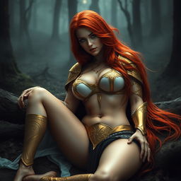 Full body buxom redhaired warrior priestess in a gold and white bikini, reclining gracefully in a dark misty forest setting