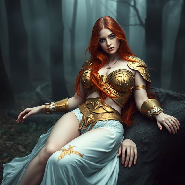 Full body buxom redhaired warrior priestess in a gold and white bikini, reclining gracefully in a dark misty forest setting