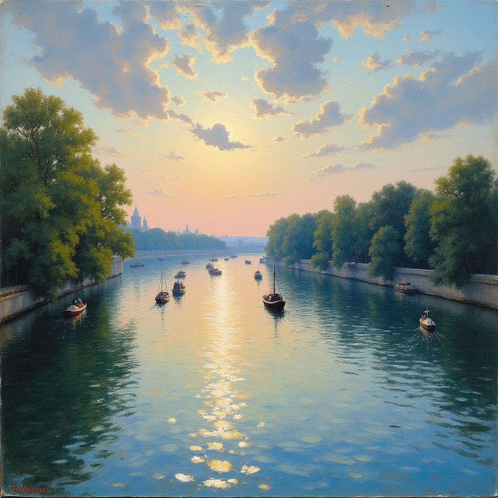 An enchanting 19th-century impressionist painting of the River Seine near Paris, France, with boats gracefully sailing on its shimmering waters