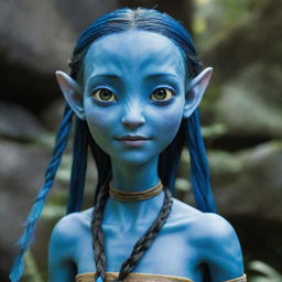 A 15-year-old female Navi from the Avatar movie. Despite her young age, her bright blue skin, large, expressive eyes, and long braided hair adorned with feathers denote her strength and wisdom. She carries a small, crafty bow.