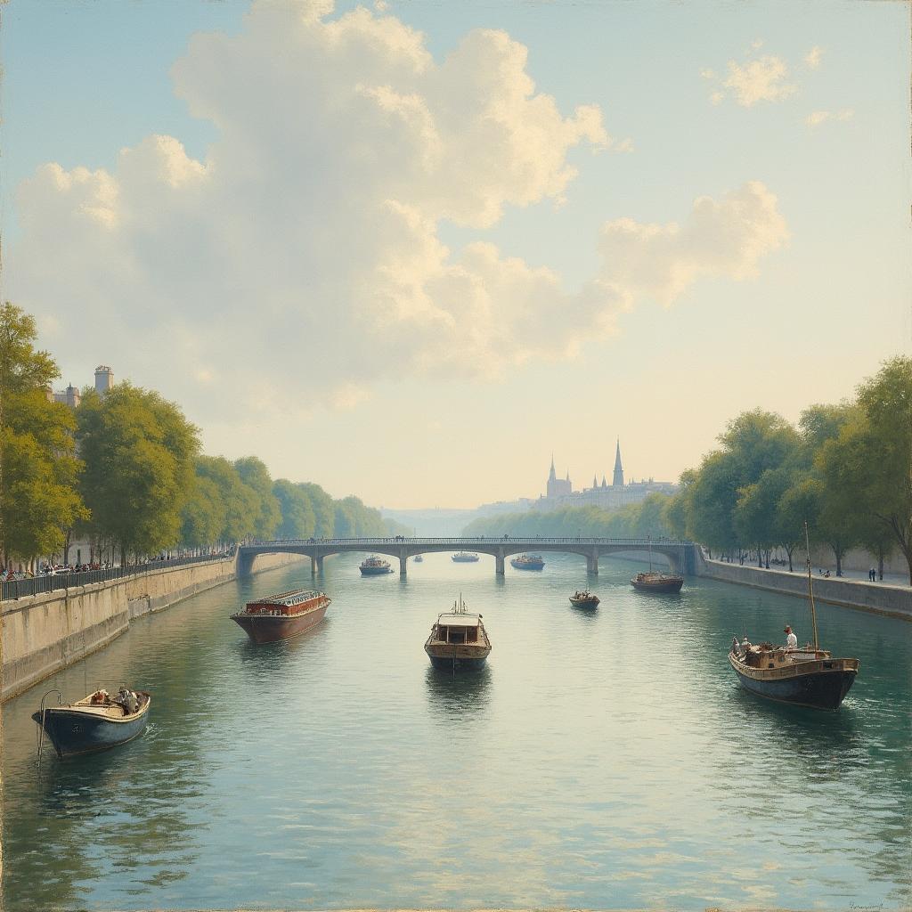 A 19th-century impressionist painting of the River Seine near Paris, France, with boats gently sailing across its surface