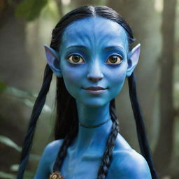 A 15-year-old female Navi from the Avatar movie. Despite her young age, her bright blue skin, large, expressive eyes, and long braided hair adorned with feathers denote her strength and wisdom. She carries a small, crafty bow.